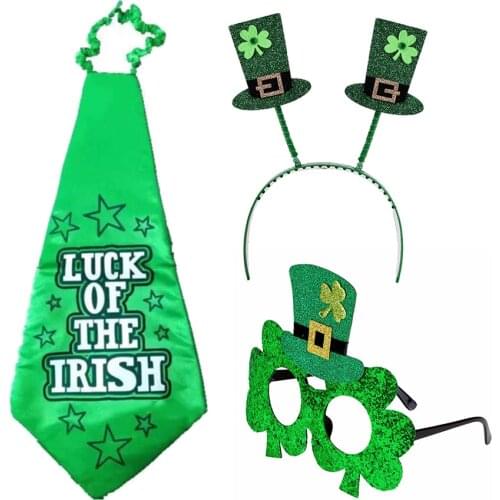 2020 Irish Headband Glasses Tie Set Saint Patrick Holiday Rave Party Decoration Clover Ball Decoration Headband Glasses Tie Set