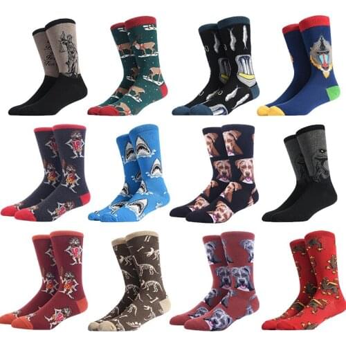5 Pairs/lot Happy Men Socks Funny Mens Combed Cotton Colorful Dinosaur Dog Socks Pattern Novelty Causal Dress Wedding Socks