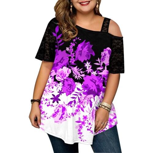 5XL Plus Size Womens Summer Shirt Women Tshirt Floral Print T-shirt Cold Shoulder Lave Short Sleeve Tunic Tee Top футболка D30