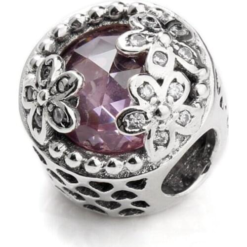 925 Sterling Silver Dazzling Daisy Meadow Pink and Clear CZ Beads Fit Charms Silver Bracelets Fashion DIY Jewelry