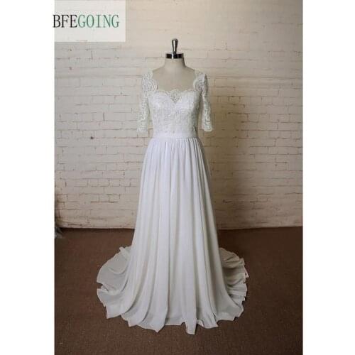 White Lace Chiffon A-Line Wedding Dress Chapel Train Floor-Length Half Sleeves Real/ Original Photos