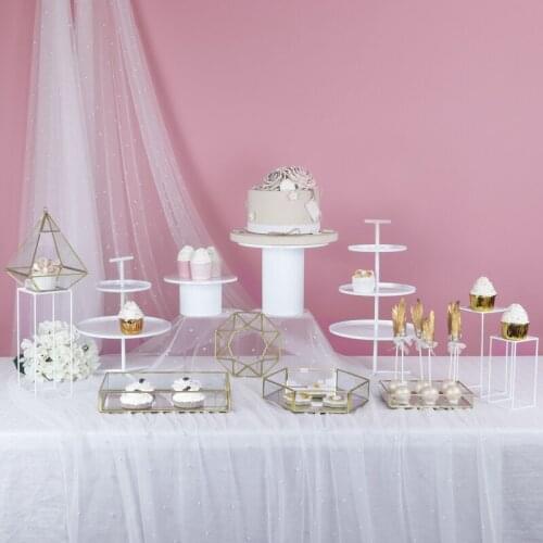 White Geometric Dessert Table Decoration Copper Edge Glass Tray Birthday Cake Stand