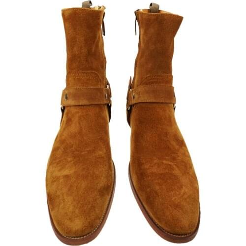 Italy Design Men Pointed Toe Motor Riding Boots Man Footwear Genuine Leather Suede Buckle Ankle Knight Cowboy Botas Winter Shoes