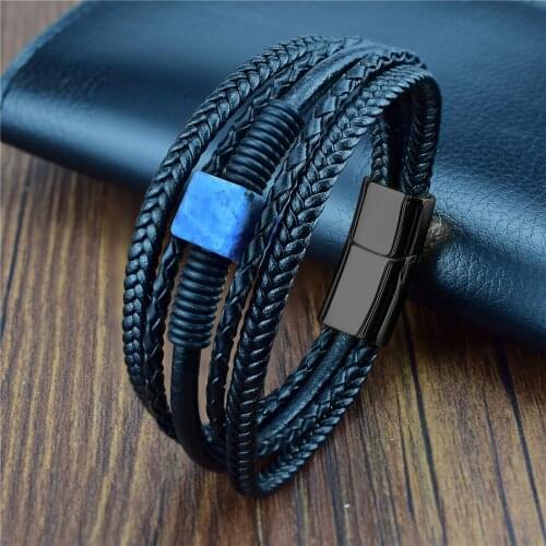 Fashion Leather Bracelet Natural Square Stone Beaded Bracelets for Men Stainless Steel Magnetic Clasps Bangle 2020 Mens Jewelry