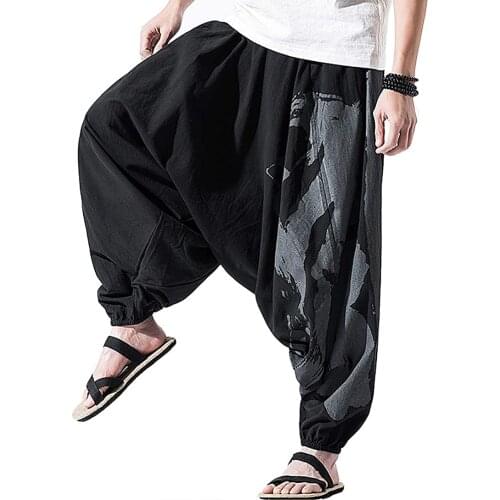 Shanghai Story Mens Harem Pants, Baggy Wide Leg Hip Hop Pants, Cotton Linen Capri Trousers 2 Color