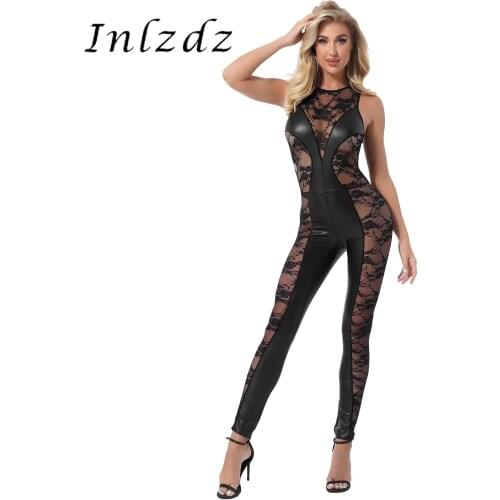 Black Womens Lace Floral Bodycon Rompers Clubwear Lingerie Round Neck Sleeveless See-through Patent Leather Bodysuit Underwear