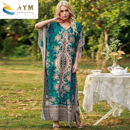 European and American new style womens printed dress, middle east plus size loose robe, seaside holiday dress