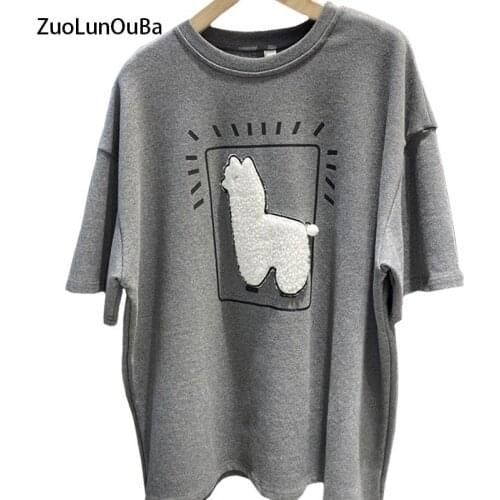 ZuoLunOuBa Summer Fashion Sanding Women T Shirt Embroidery Harajuku Cartoon Cute Alpaca Tees Loose Middle Sleeve Tops Female
