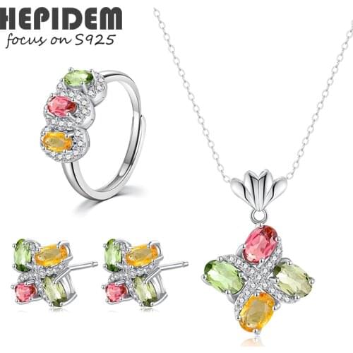 HEPIDEM 100% Tourmaline 925 Sterling Silver Necklace Rings Earrings 2022 Women Rubellite Stone Gem S925 Fine Jewelry Set 1069