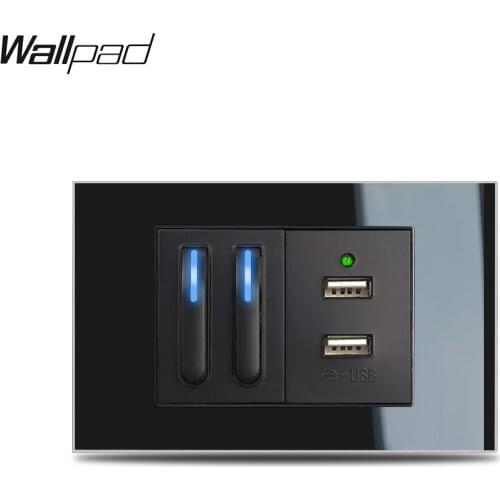 118*75mm 2 Gang Switch and USB Socket Wallpad L3 Black Glass Panel 16A 2 Light Button and Double USB Charger with LED Indicator
