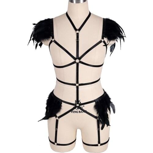 Feather Harness Erotic Lingerie Set For Women Body Bondage Cage BRA Garter Belt Suspender Fetish Bdsm Cross Straps Club Costume