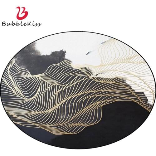 Bubble Kiss Chinese Style Ink Art Round Carpet Black White Gold Line Pattern Design Rugs For living Room Foldable Home Carpet