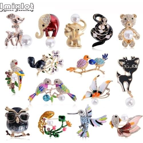Cute Animals Owl Enamel Brooch Pin Rhinestone Butterfly Bear Elephant Deer Fish Bird Brooches For Women Men Christmas Gifts