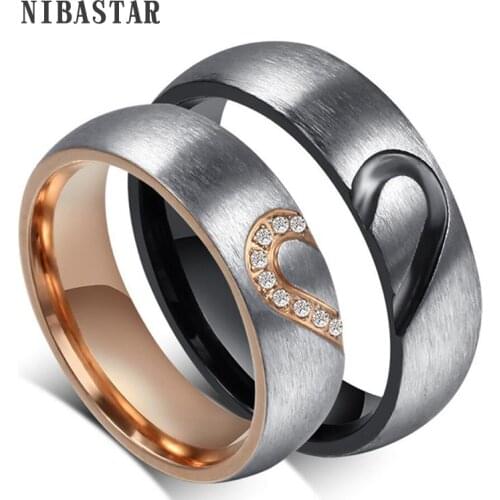 Real Love Promise Couple Ring Mens Black Half Heart Ring and Women Rose Gold Pave Crystal Ring For Engagement Ring Jewelry