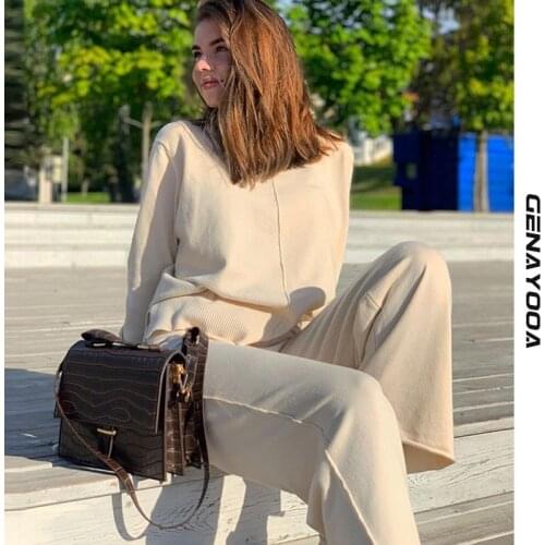 Genayooa Autumn Winter Knitted Tracksuit 2 Piece Pant Suits Long Sleeve Two Piece Set Top And Pants Women Suit Outwear Korean