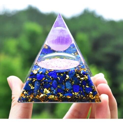 Handmade 7cm Wicca Orgonta Lazurite And Amethyst Sphere Pink Flower Of Life Symbol Orgonite Pyramid Reiki Energy Healing Crystal