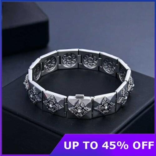 Real 100% 925 Sterling Silver Buddhism Mens Bracelets Carved Vajra Pestle Sutra Religious Amulet Bracelet Vintage Trendy Gifts