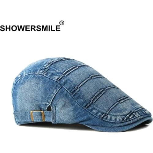 SHOWERSMILE Denim Flat Cap Men Vintage Striped Duckbill Hat Blue Cotton Driving Adjustable Casual Ivy Male Summer Cabbie Cap