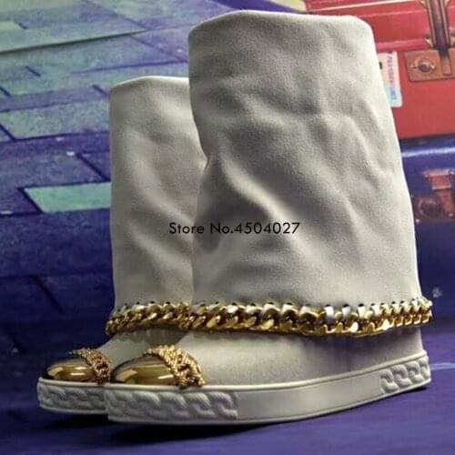 Spring Autumn Womens Boots Gold Metal Toe Boots For Female Ladies Height Increase Flat Shoes Women Mid Calf High Boots