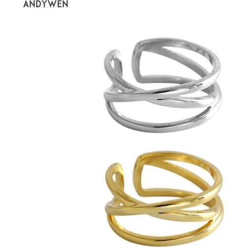 ANDYWEN 925 Sterling Silver Gold Line Cross Resizable Rings Women Luxury Plain Wedding Jewelry 2021 Rock Punk Jewels Gift
