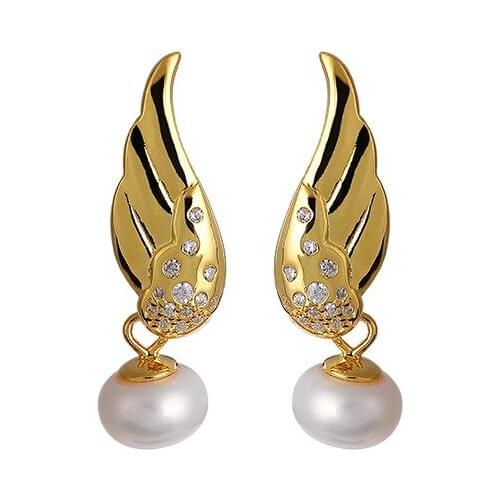 S925 sterling silver gold plated natural freshwater pearl ear studs personality feather wings earring pendant for ladies