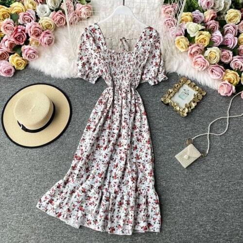 New Women Summer Dresses Square Collar Streetwear A-line Beach Chiffon Floral Puff Sleeve Long Dress Moda Feminina Verao 2021