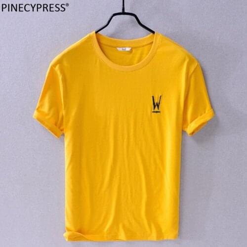 100% Cotton Soft Anti-static Men Short Sleeve T Shirt Summer O-neck Male Letter Embroidery Yellow Casual Round Neck Man T-shirt