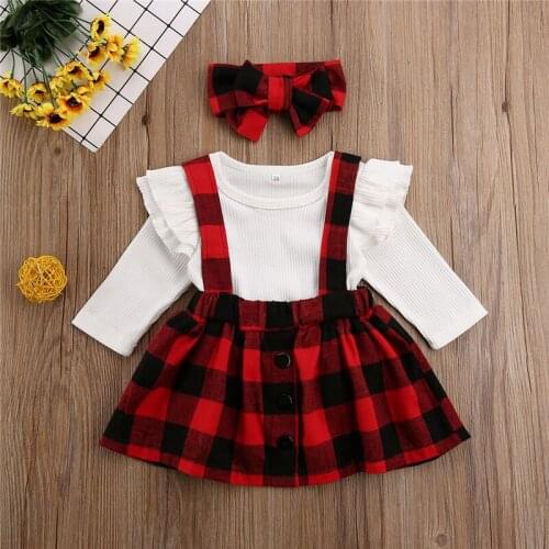 2021 Baby Clothing Christmas Newborn Baby Girl Clothes Knitted Ribbed Tops Romper Plaids Bib Skirt Headband Outfit 3pcs