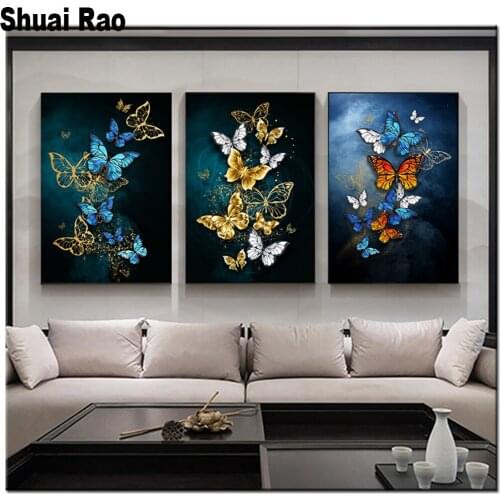 Abstract Golden Blue Butterfly diamond embroidery 3pcs diamond painting full square round diamond picture of rhinestones art