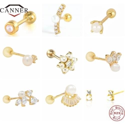 CANNER 925 Sterling Silver Stud Earrings for Women Round Pearl Piercing Earrings CZ Engagement Wedding Accessories Jewelry Gifts