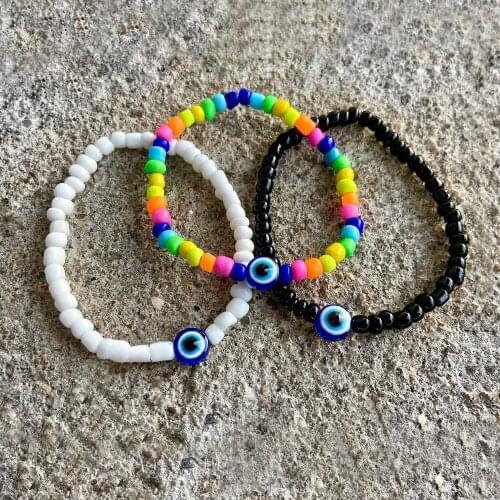 Go2Boho 3pcs Turkish Evil Eye Bracelet Beads White Black Colorful Beaded Strand Bracelets For Women Fashion Jewelry