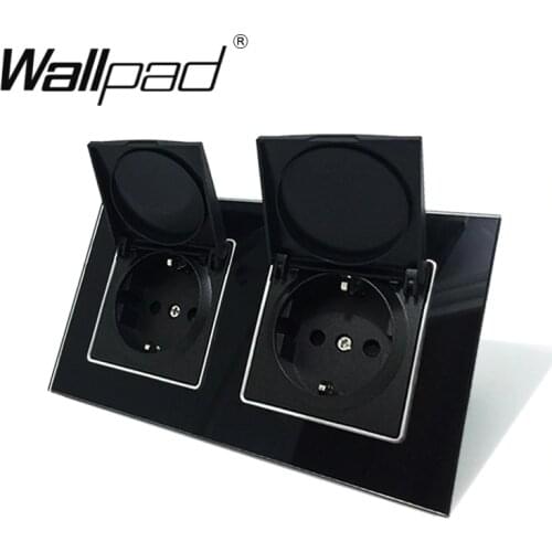 Wallpad Black Crystal Glass Panel 110V-250V Double Dust Cap EU European Schuko Wall Socket with Claws Clips Socket with Cap