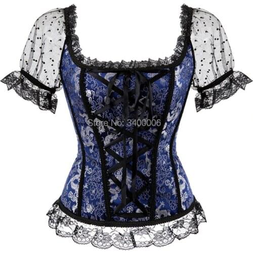 Caudatus bustier corset tops for women with sleeves lace up brocade shoulder strap corselet overbust corset vest plus size