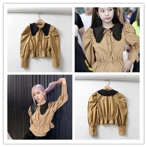 Kpop Korean Celebrity Vintage Single Breasted Slim Women Tops Temperament Lapel Short Shirts Wild Puff Sleeve Patchwork Blouses