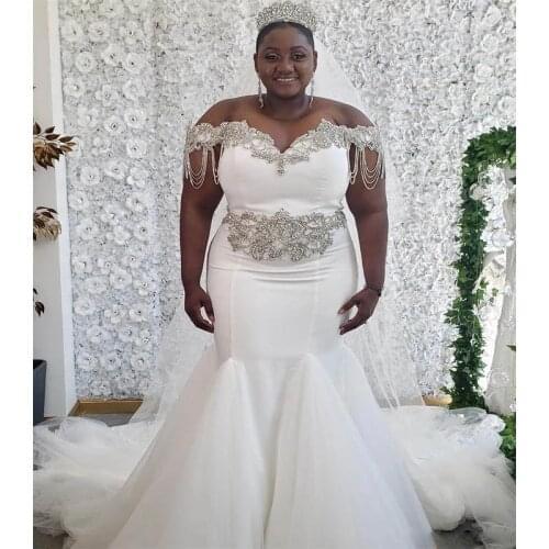Crystals African Mermaid Wedding Dresses Plus Size Black Girl Women Off Shoulder Custom Satin Bridal Gowns Robe De Mairee
