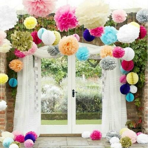 Hot 5 pcs/lot (20CM) Tissue Paper Pom Pom Decorative Wreath Flower Rose Ball Hanging Garland Wedding Party Decoration Supplies