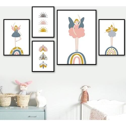 Cartoon Rainbow Butterfly Girl Number Wall Art Canvas Painting Nordic Posters And Prints Nursery Wall Pictures Kids Room Decor