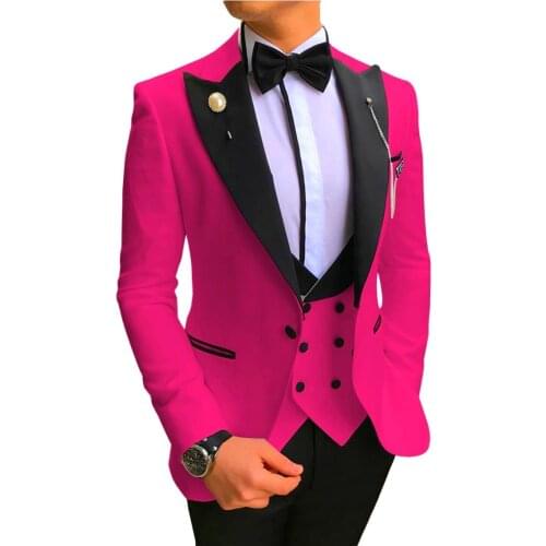One Button Men Suits Hot Pink and Black Groom Tuxedos Peak Lapel Groomsmen Wedding 3 Pieces ( Jacket+Pants+Vest+Bow Tie ) D247