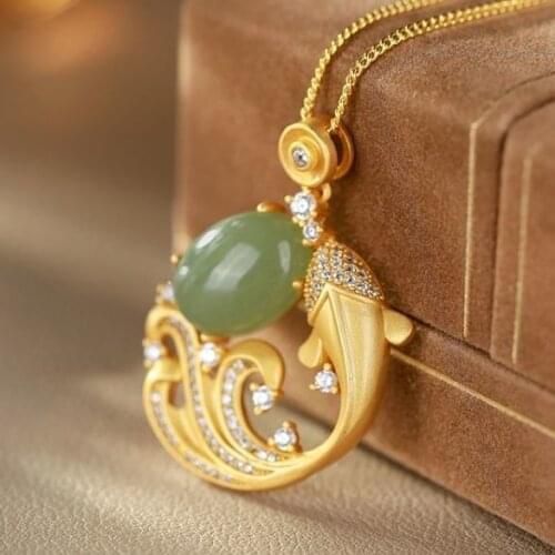 New silver inlaid and Tian Qingyu Koi Pendant Necklace Chinese classical elegant minority design charm womens jewelry