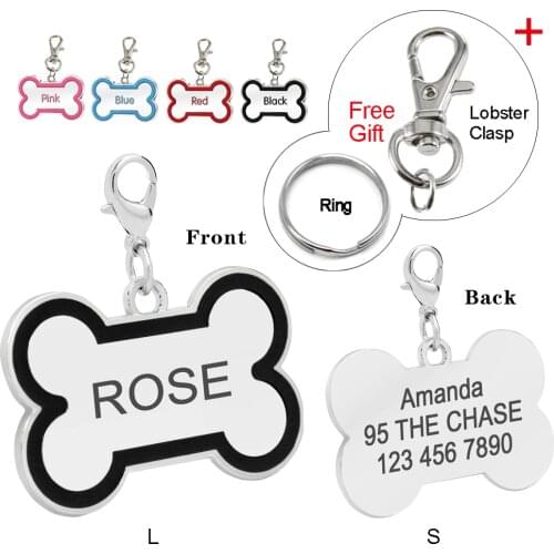 Bone Shape Custom Dog Name Tag Personalized Engraved Pet Dogs ID Tags Free Engraving Gift Hook Pink Blue Black Red Colors S/L