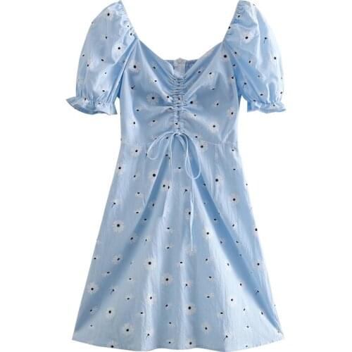 Dresses For Women Sweet White Daisy Floral Summer Dress Sweetheart Neck Drawstring Short Puff Sleeve Casual Mini Dress Sundress