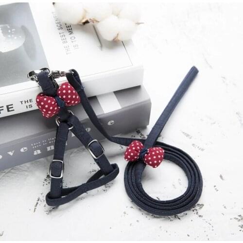 Adjustable Chest Strap With Buckle Rhinestone Cute Dog Harnesses Leashes Set Soft Suede Bow Pet Harness Outdoor Walking Collar
