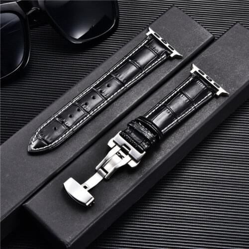 Business Men Leather Straps for Apple Watch 6 5 4 3 SE Butterfly Buckle Watch Bracelet 44mm 42mm 40mm 38mm Watchband for iwatch