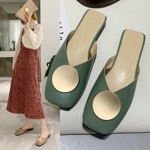 Outer wear Baotou half slippers summer new fashion wild metal decoration flat sandals large 40 womens shoes
