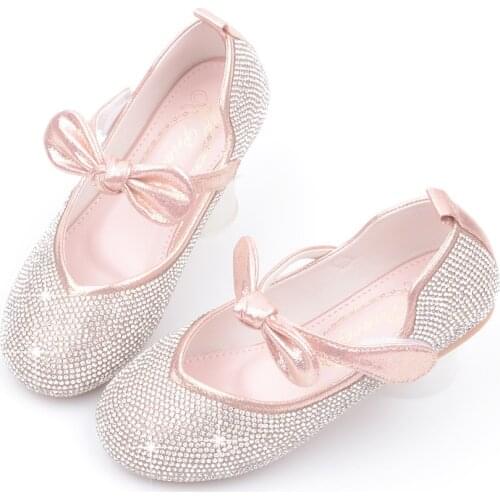 Princess Kids Leather Shoes Girls Casual Glitter Crystal Shoes Children Butterfly Knot Rhinestones Shining Students Dance Shoes