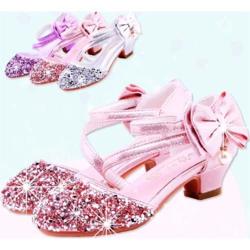 2020 Autumn Girls Single Shoes Princess Shoes Korean Student Girls Purple Crystal High Heels Frozen Show Shoes
