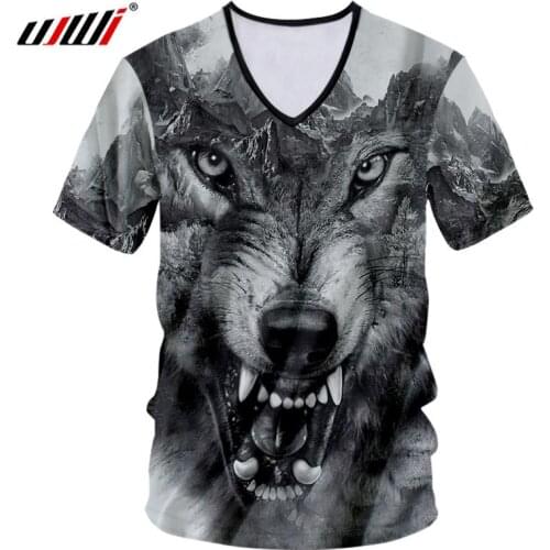 UJWI Men V Neck Tshirt Cool Print Crazy Wolf 3D T-shirt Man Bodybuilding Fitness Workout Shirt Short Sleeve Tee Shirts Unisex