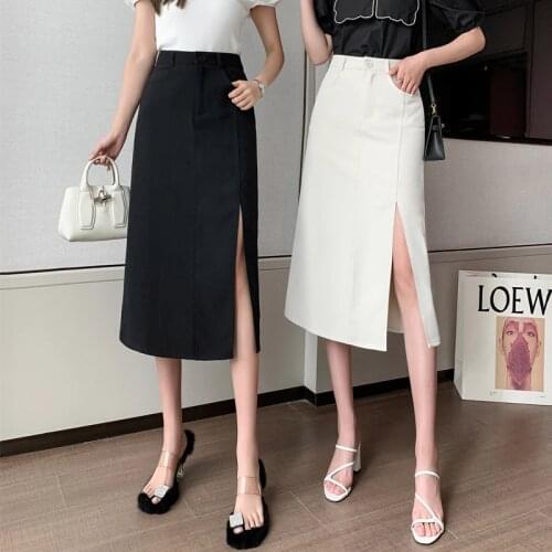 Chic Harajuku Split Skirts Womens 2021 Spring Sexy Skirt Femme High Waist Midi Long Skirts with Pockets Summer Faldas Jupe Femme