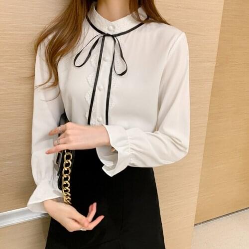 2021 New Spring White Shirt Women Korean Bow Sweet Chiffon Blouses Women Fashion Long Sleeve Blouses Elegant Office Lady Blusas