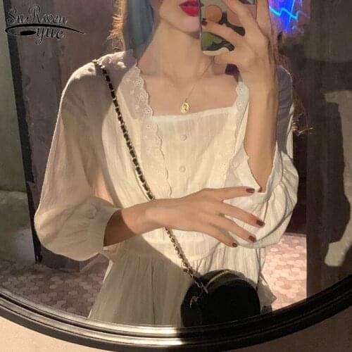Summer Blouse Women 2021 Vintage Lace Slim Lantern Sleeve Top Square Collar Nine Quarter Sleeve Casual Button Ladies Top 9697
